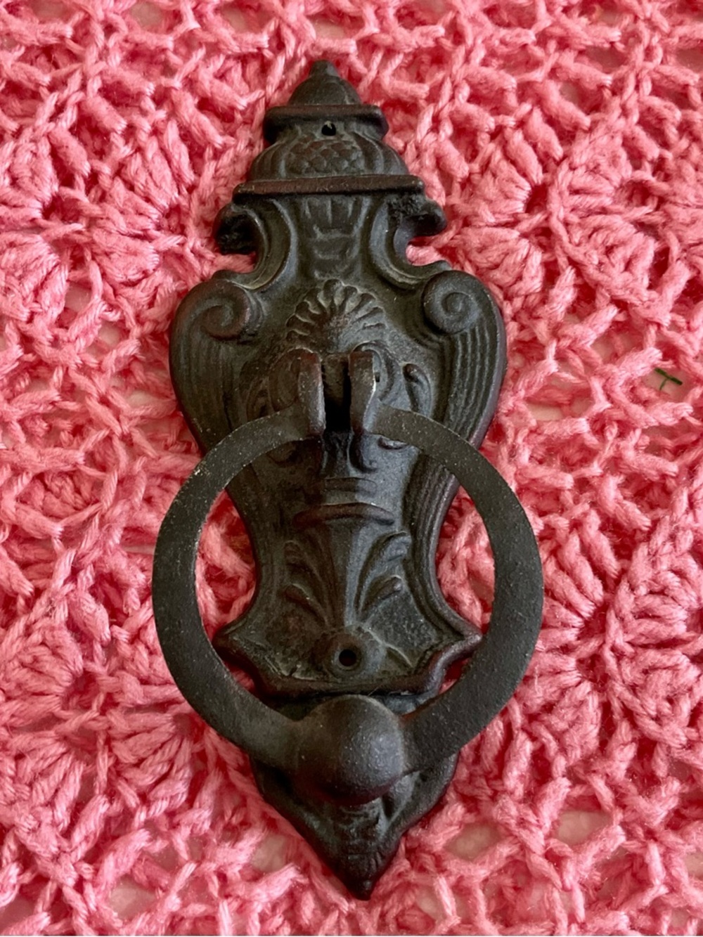 Ornate Iron Ring Door Knocker in Dark Brown